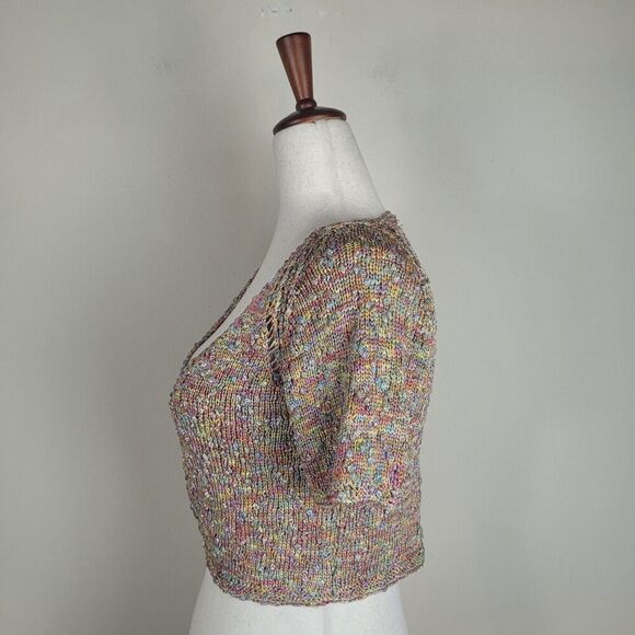 Cecile Benac Sweater Womens Large Colorful Metallic Hand Knit Crop Boho Cardigan - Picture 4 of 9